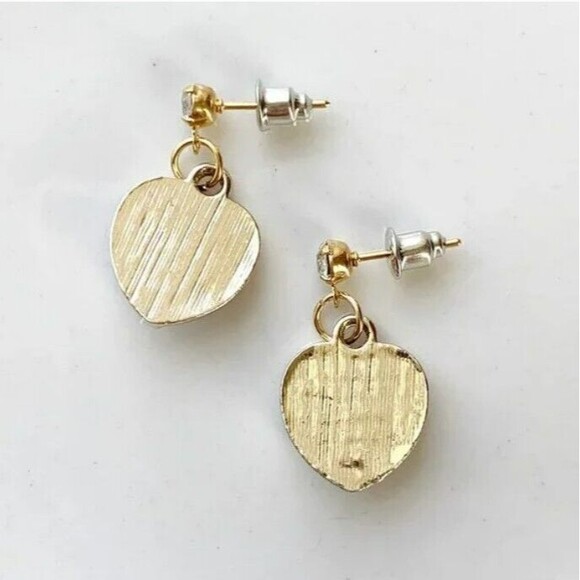 NEW Pink Hologram Heart Dangle Stud Earrings Mermaid White Rhinestone Gold NWT - Picture 5 of 6